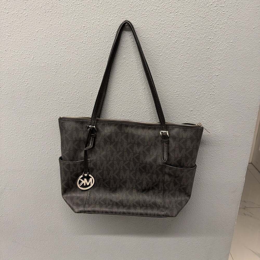 Michael Kors Jet Set Black MK Monogram Zip Top Tote Bag